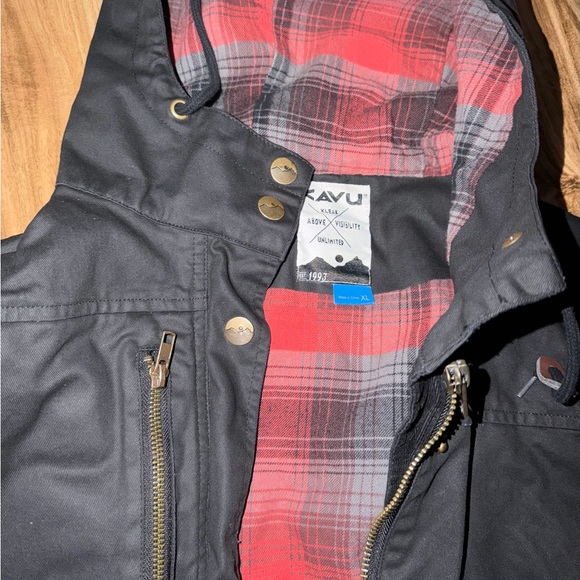 Kavu Sundowner Black Canvas Jacket Plaid Lined Snap Front Zip Hood Womens XL - Picture 2 of 3